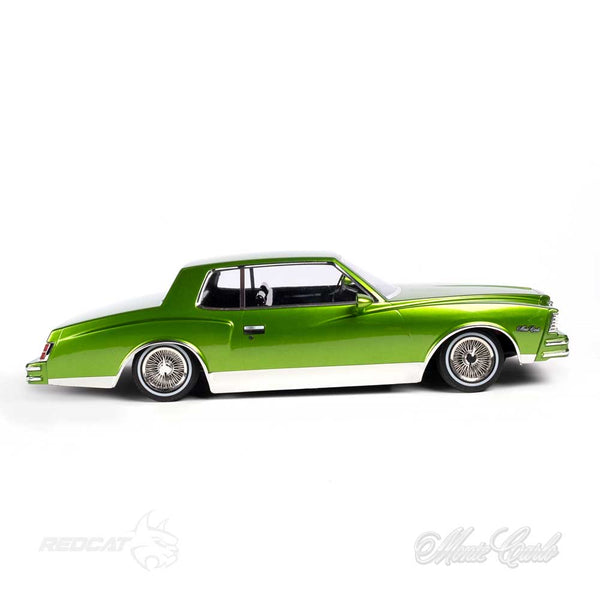Pictured is the passenger side view of the Remote Control 79 Monte Carlo Low Rider Ready to Run in Green 